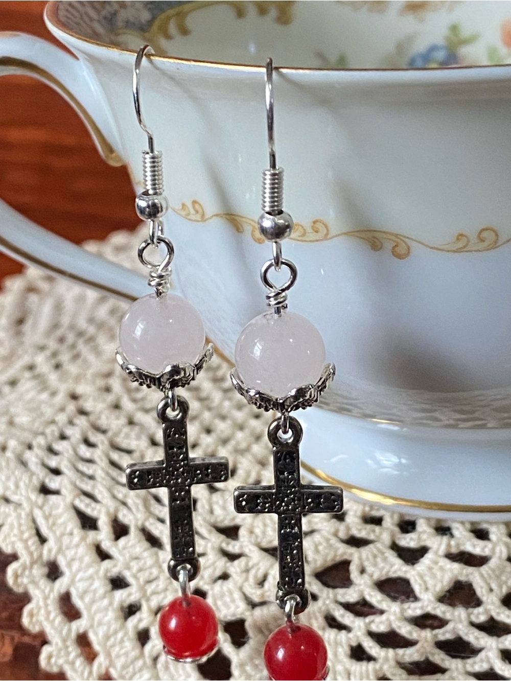 Rose Quartz and Red Bead Cross Drop Earrings - Unbranded